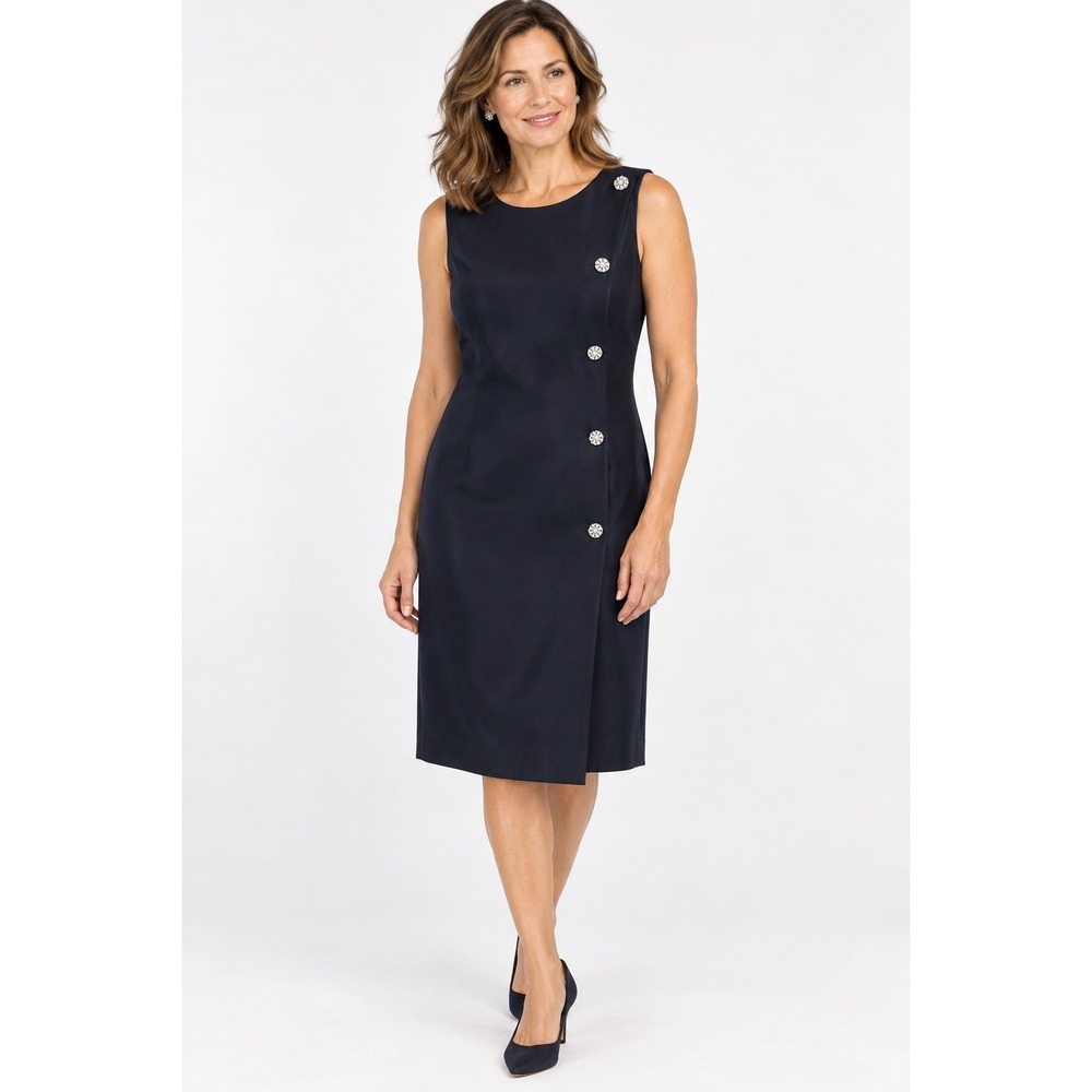 Talbots Woman Pure Silk Black Sleeveless Sheath Dress Ornate Buttons 14W